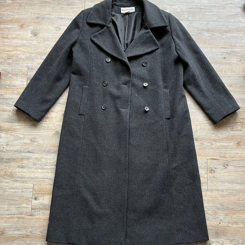 Adolfo Studio Trench Coat Women's XL 16 Wool Dark Gray Black Vintage 90s Long